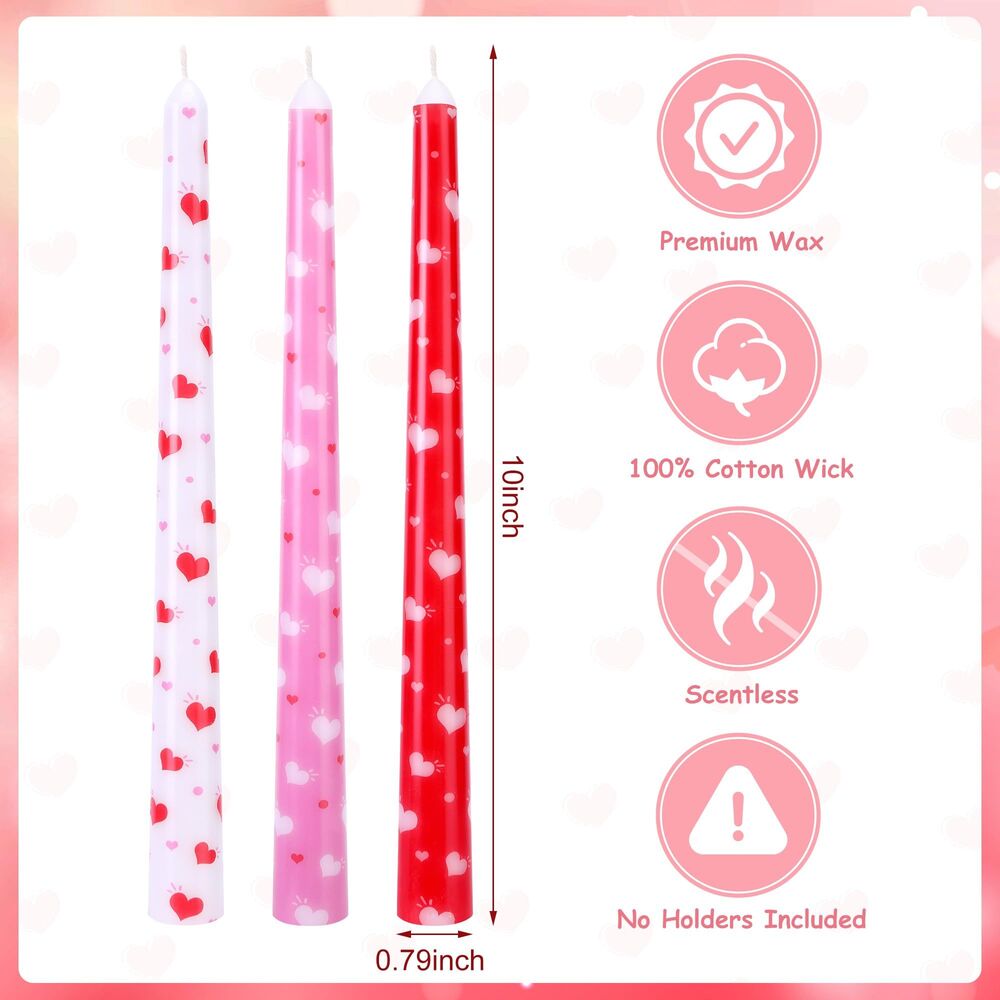 6 Pcs Valentines Heart Taper Candles, Unscented Valentine's Day Taper Candles